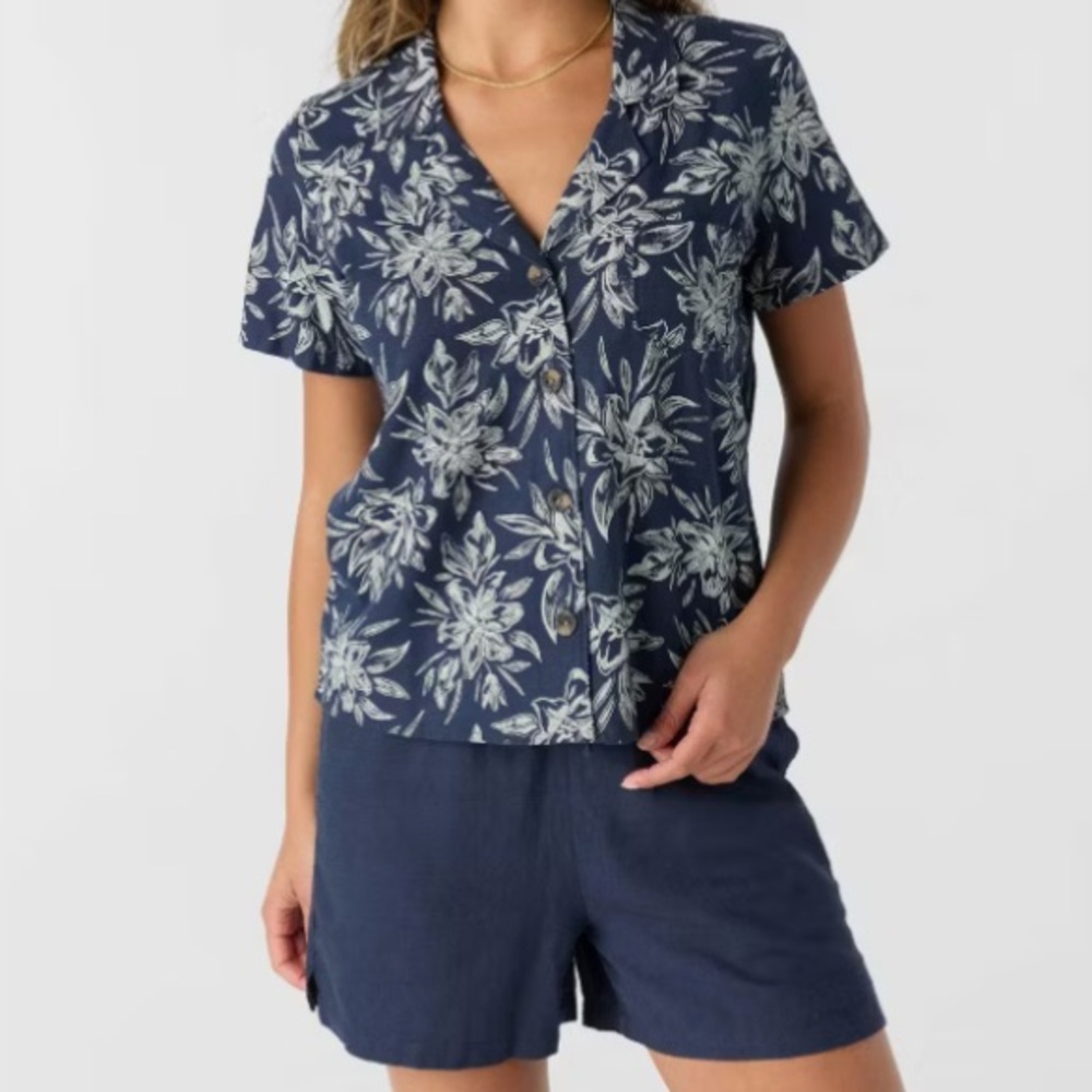 Hang Ten Goldie Shirt Size XXL Hawaiian Navy Floral Print Button Down Front Top